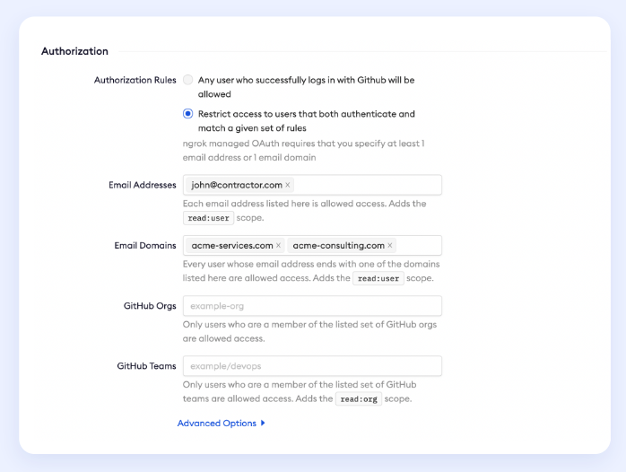 Restricting GitHub auth to john@contractor.com and users with the email ending in @acme-services.com and @acme-consulting.com